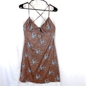 TYSA  Designs Dress 100% cotton Brown with blue skull and cross bones Size 2 (M)